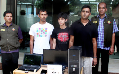 Police produce three persons arrested for "writing derogatory content about Islam"  at a  press briefing at Detective Branch office in Dhaka Tuesday noon. Photo: Palash Khan
