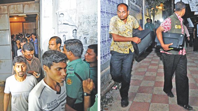 Workers vacate the printing press of daily Amar Desh at the capital's Tejgaon during a raid last night. Right, detectives seize some documents and computer parts from the press.  Photo: Star