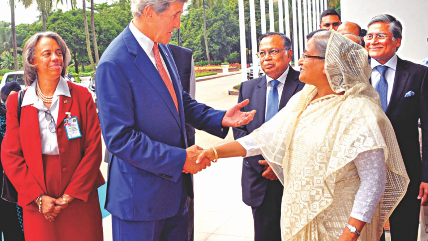 Prime Minister Sheikh Hasina welcomes US Secretary of State John Kerry Prime Minister Sheikh Hasina, US Secretary of State, John Kerry