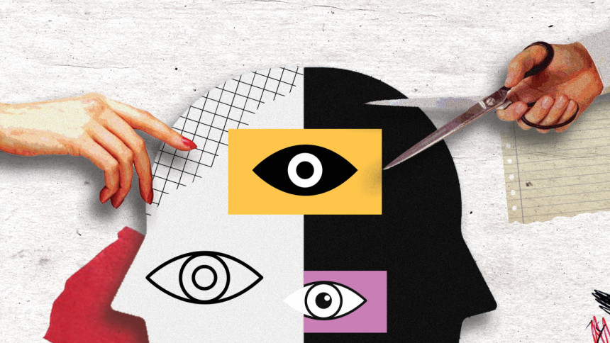 Collage of elements including silhouettes of human faces, eyes, scissors and other things.