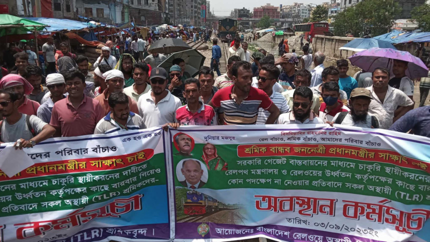 Railway workers block Malibagh level crossing; train services disrupted