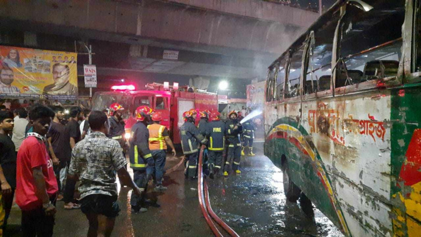 Bus set on fire in Sayedabad Bus set on fire in Sayedabad