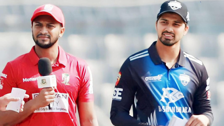 Fortune Barishal captain Shakib Al Hasan lines up with Rangpur Riders skipper Nurul Hasan Sohan in Bangladesh Premier League 2023 fixture. Photo: Facebook Fortune Barishal captain Shakib Al Hasan lines up with Rangpur Riders skipper Nurul Hasan Sohan in Bangladesh Premier League 2023 fixture. Photo: Facebook