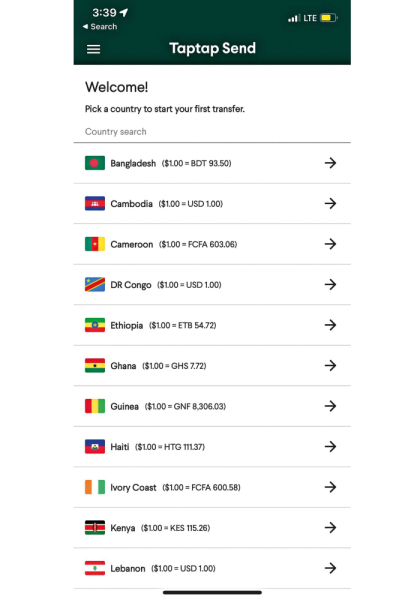 Taptap Send mobile app interface Taptap Send mobile app interface