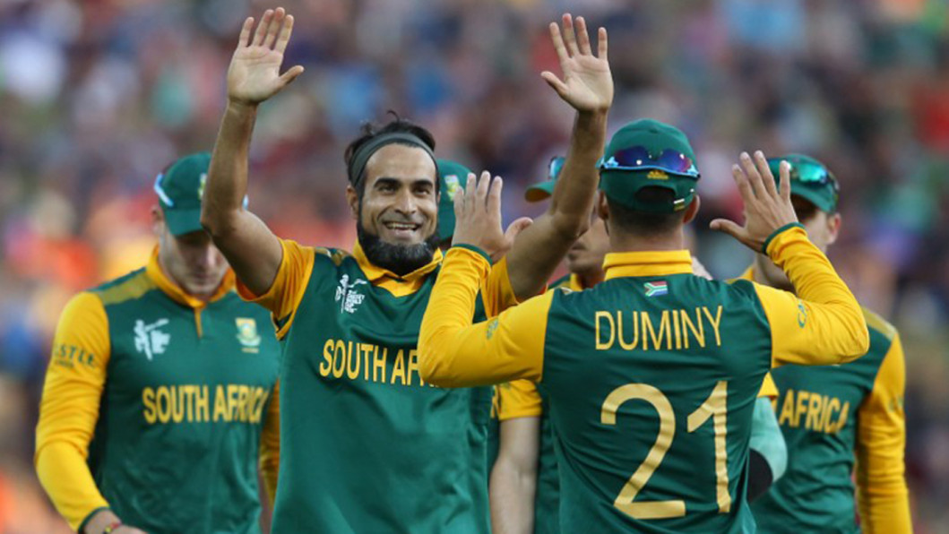 South African bowler Imran Tahir celebrates picking Zimbabwean set batsman Chamu Chabhabha South African bowler Imran Tahir celebrates picking Zimbabwean set batsman Chamu Chabhabha