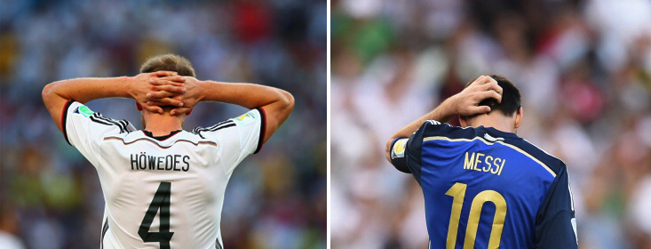 Benedikt Hoewedes of Germany and Argentina's forward and captain Lionel Messi react during the 2014 FIFA World Cup Brazil Final match between Germany and Argentina at Maracana on July 13, 2014 in Rio de Janeiro, Brazil. Photo: Getty Images