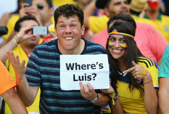 Colombian fans hold up a sign 'Where's Luis' in reference to the banned Luis Suarez ahead of the 2014 FIFA World Cup Brazil round of 16 match between Colombia and Uruguay at Maracana on June 28, 2014 in Rio de Janeiro, Brazil. Photo: Getty Images