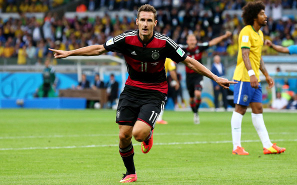 Miroslav Klose of Germany celebrates scoring his team's second goal during the 2014 FIFA World Cup Brazil Semi Final match between Brazil and Germany at Estadio Mineirao on July 8, 2014 in Belo Horizonte, Brazil. Photo: Getty Images