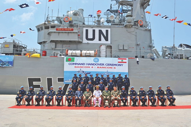 Rear Admiral AMMM Aurangjeb Chowdhury, assistant chief of naval staff (operations), Bangladesh Navy, and Rear Admiral Walter Eduardo Bombarda, commander of Maritime Task Force (MTF) of the UN Interim Forces in Lebanon (UNIFIL), with UNIFIL members in front of the new ship BNS Ali Haider, which Bangladesh Navy contributed to the MTF in Lebanon yesterday. Photo: Courtesy