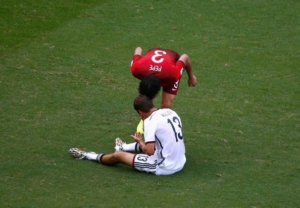 Pepe of Portugal headbutts Thomas Mueller of Germany resulting in a red card during the 2014 FIFA World Cup Brazil Group G match between Germany and Portugal. Photo: Getty Images