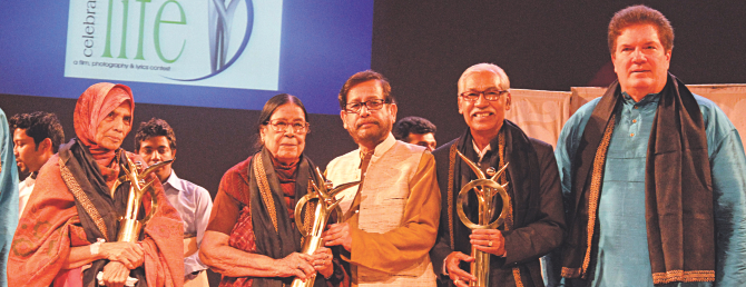 Lifetime Achievement Award recipients, from left,  Rani Sarker for film, Sayeeda Khanum for photography, and Sheikh Sadi Khan for music, with Noor, and Jim McCabe. Photo: Rashed Shumon And Amran Hossain