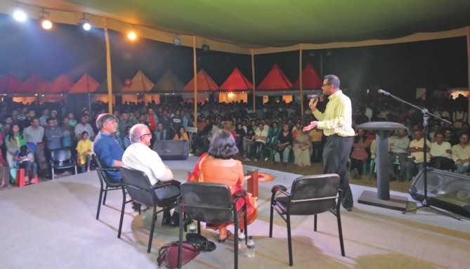 (L-R) Anisul Hoque, Jamilur Reza Chowdhury and Firdous Azim enjoy Naveed Mahbub's comedy routine.   Photo: Ridwan Adid Rupon