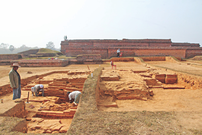 Excavation is on at Shalban Bihar of Comilla, where a Buddhist temple and relics have lately been unearthed. Photo: Star