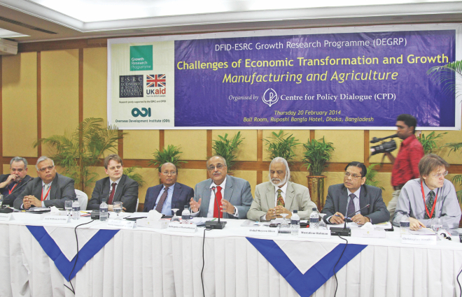 From left, Tofail Ahmed, commerce minister; Debapriya Bhattacharya, distinguished fellow of CPD; Abdul Moyeen Khan, a former minister; and Mustafizur Rahman, executive director of CPD, attend a dialogue on the garment sector at Ruposhi Bangla Hotel in Dhaka yesterday.  Photo: Star
