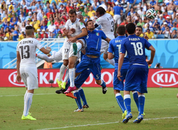 Uruguay's Diego Godin goes up for a header and scores his team's first goal durign their 2014 FIFA World Cup Brazil Group D match against Italy at Estadio das Dunas on June 24, 2014 in Natal, Brazil. Photo: Getty Images