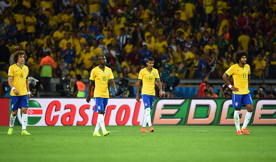 (L-R) David Luiz, Ramires, Luiz Gustavo and Dante of Brazil look dejected after the 2014 FIFA World Cup Brazil Semi Final match between Brazil and Germany at Estadio Mineirao on July 8, 2014 in Belo Horizonte, Brazil. Photo: Getty Images