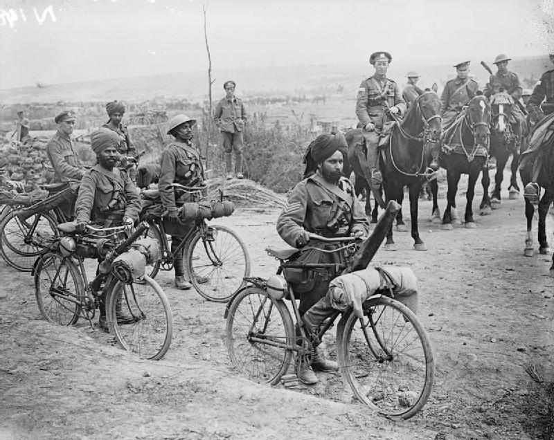 Indian bicycle troops at a crossroads on the Fricourt-Mametz Road, Somme, France