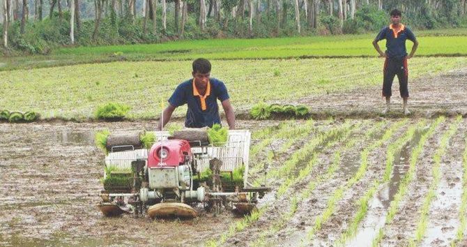 Use of mechanised instruments in farming helping farmers lower production cost as a machine in many cases can do the job of a hundred men. The photo on top shows farmers using a transplanter to plant rice seedlings onto a paddy field. File Photo