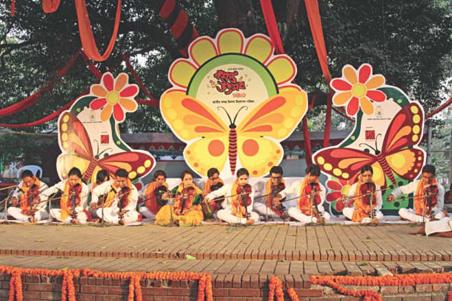 Pohela Falgun, heralding the arrival of spring, the king of all seasons was observed across the country with flowers, poems, songs and dances. 