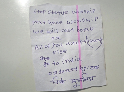 Threatening to hurl a bomb at the temple if Hindus did not stop worshiping idols or move to India.  Photo: Star