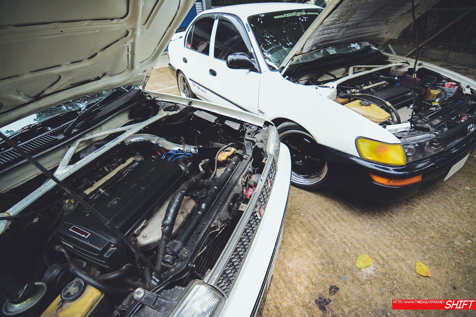 Brotherhood of custom white sleeper Corollas. Photo: Rahin Saadman Islam