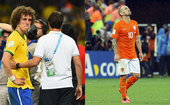 David Luiz of Brazil (L) is consoled after a 7-1 defeat to Germany during the semi final match between Brazil and Germany at Estadio Mineirao on July 8, 2014 whild Wesley Sneijder of Holland (R) is consoled after defeat to Argentina during the match between The Netherlands and Argentina on July 9, 2014 at Arena de Sao Paulo in Sao Paulo, Brazil. Photo: Getty Images