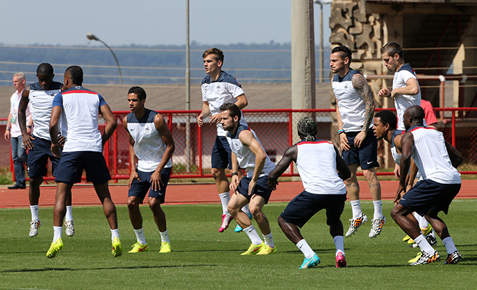 Players of France warm up during a practice session on the eve of the 2014 FIFA World Cup Brazil round of 16 match between France and Nigeria at the local 'Bombeiros' Firefighters Training Camp on June 29, 2014 in Brasilia, Brazil. Photo: Getty Images