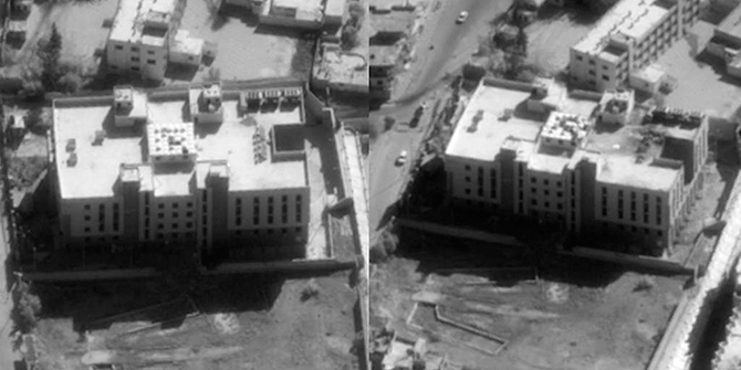 Pictures showing what US says was an ISIL finance center in Syria show a view before (L) and after it was struck by a Tomahawk missile in handouts released by the US Department of Defence (DOD) September 23, 2014. Photo: Reuters 